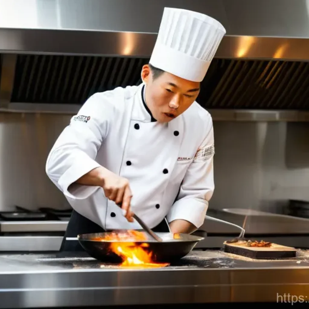 중식조리 자격증 실기 준비 기간 - A dynamic, action shot of a skilled Chinese chef, a man in his 30s, expertly stir-frying ingredients...