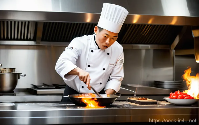 중식조리 자격증 실기 준비 기간 - A dynamic, action shot of a skilled Chinese chef, a man in his 30s, expertly stir-frying ingredients...