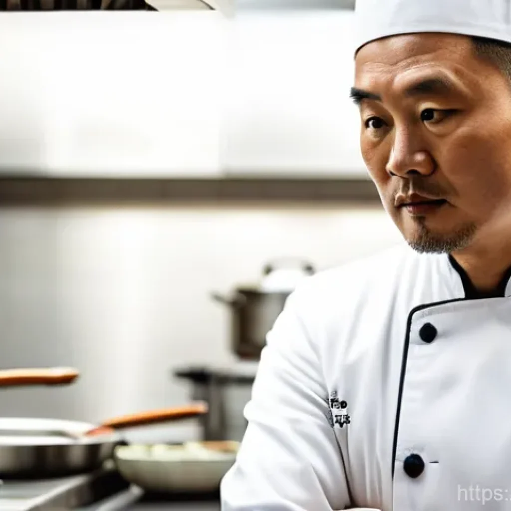 중식조리사 경력직 이직 성공 전략 - A thoughtful, experienced male Chinese chef in his late 40s to early 50s, wearing a crisp white chef...