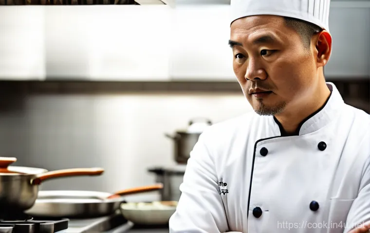 중식조리사 경력직 이직 성공 전략 - A thoughtful, experienced male Chinese chef in his late 40s to early 50s, wearing a crisp white chef...