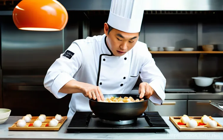 중식조리사 경력직 이직 성공 전략 - A thoughtful, experienced male Chinese chef in his late 40s to early 50s, wearing a crisp white chef...