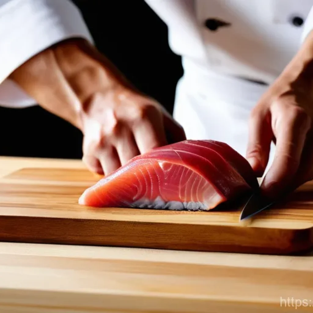 일식조리 실무 레시피 강의 - A close-up shot focusing on the hands of a Japanese chef meticulously slicing fresh, vibrant red tun...