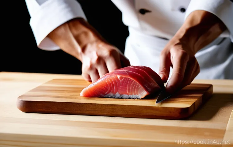 일식조리 실무 레시피 강의 - A close-up shot focusing on the hands of a Japanese chef meticulously slicing fresh, vibrant red tun...
