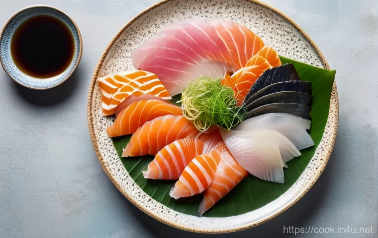 일식조리 실무 레시피 강의 - A close-up shot focusing on the hands of a Japanese chef meticulously slicing fresh, vibrant red tun...