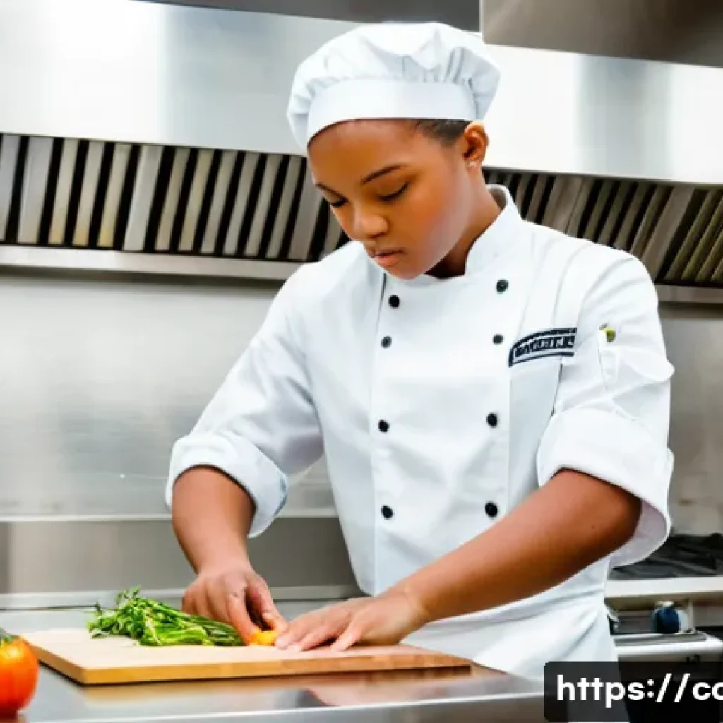조리사 시험에서 자주 묻는 질문 - A focused young culinary student, wearing a clean white chef's jacket and apron, meticulously dicing...