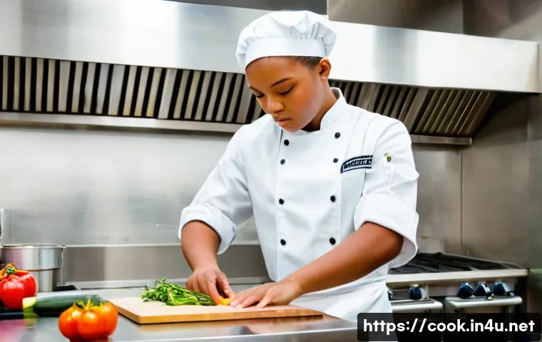 조리사 시험에서 자주 묻는 질문 - A focused young culinary student, wearing a clean white chef's jacket and apron, meticulously dicing...
