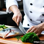 일식조리사 실기 시험 연습 팁 - A focused male Japanese chef, mid-30s, wearing a pristine white chef's jacket and a dark blue hachim...