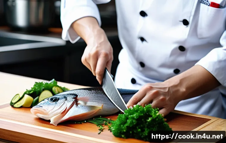 일식조리사 실기 시험 연습 팁 - A focused male Japanese chef, mid-30s, wearing a pristine white chef's jacket and a dark blue hachim...